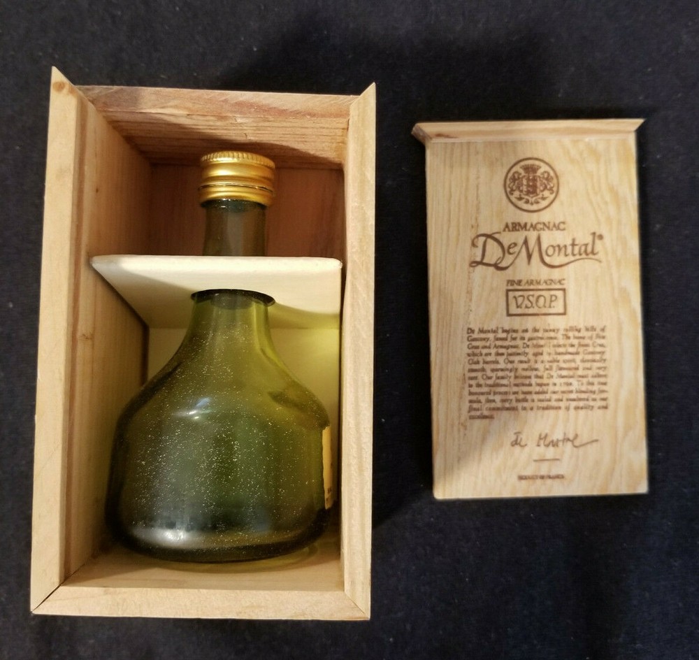 De Montal Armagnac Small Wooden Box & Bottle – Box is 4-14&Prime; x 2-1/2&Prime; x 2-1/2&Prime;
