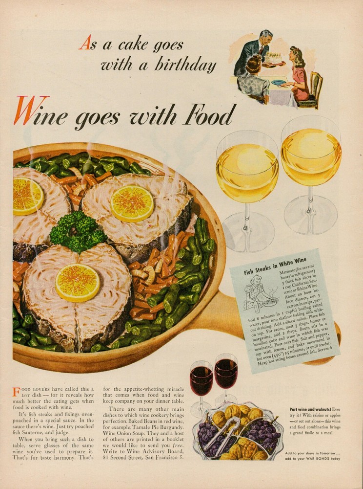 1945 California Wine Advisory Board 40s Vintage Print Ad San Francisco CA Grapes