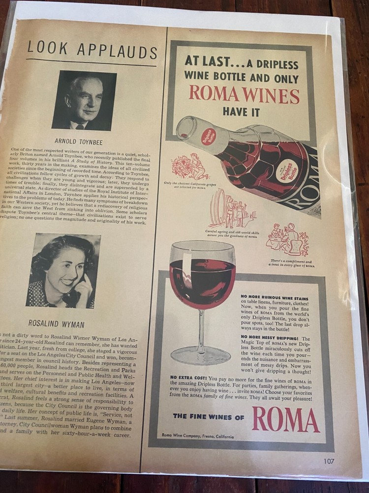 Vintage 1954 Roma Wines Dripless Bottle ad
