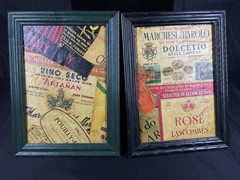 2 Small Vintage Collages Of Wine Labels Framed French & Italian Wine Cellar Art