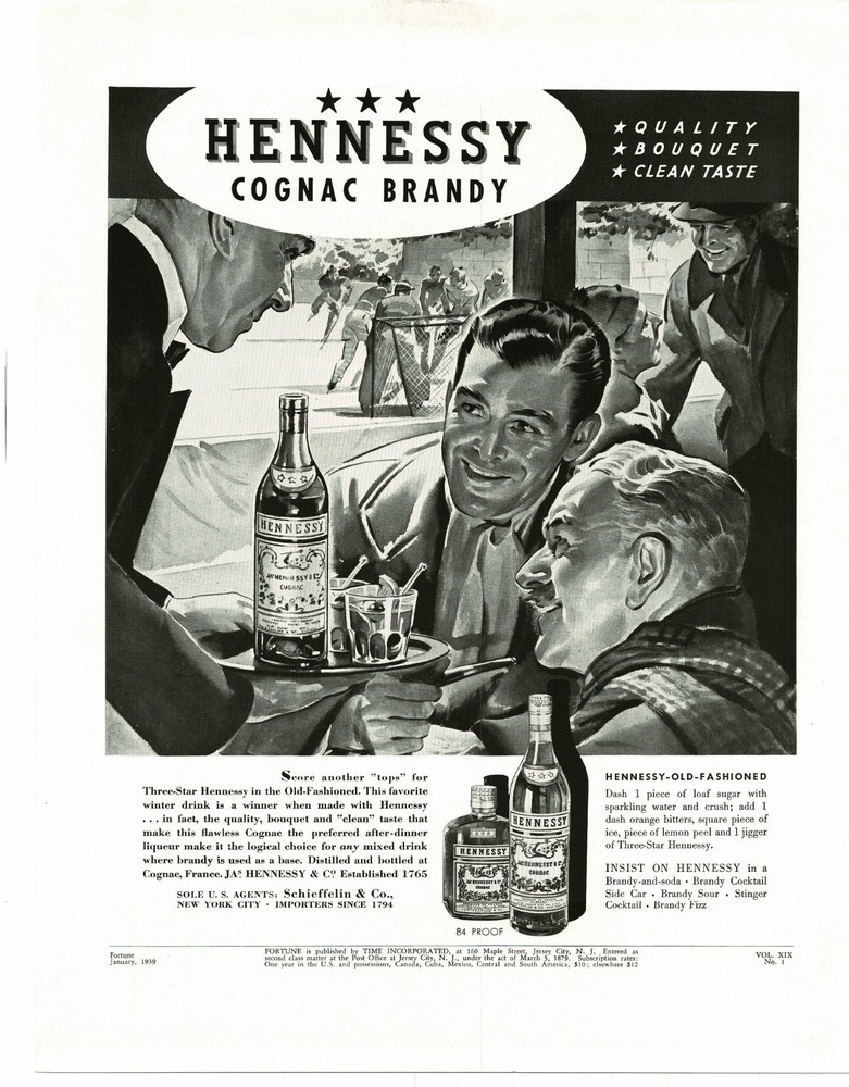 1939 Hennessy Cognac Brandy Hockey Game Art Vintage Print Ad