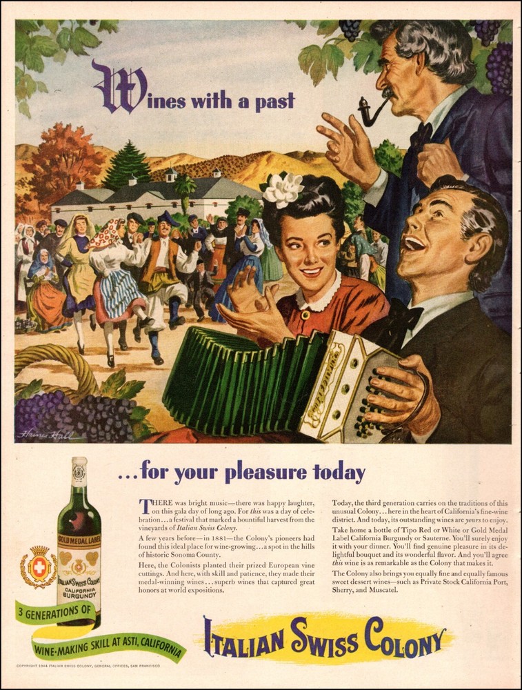 1944 WW 2 beverage AD for ITALIAN SWISS COLONY California Wines Nice Art 032823