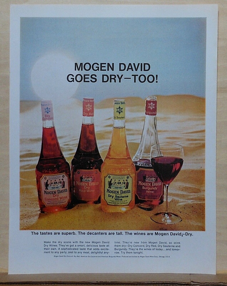 1968 magazine ad for Mogen David Wines – Superb taste, tall decanter, dry wines
