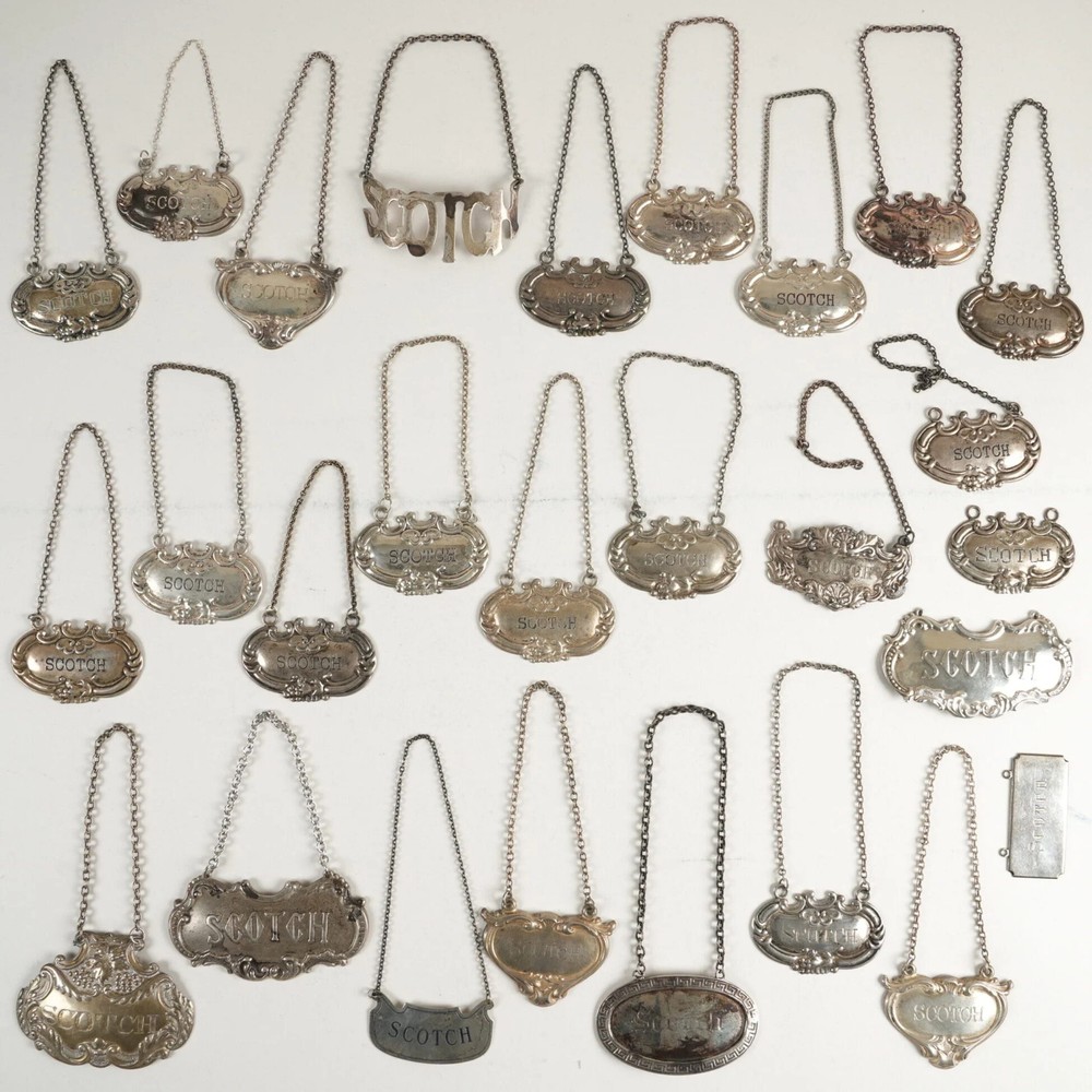 27x Sterling Silver Antique Scotch Decanter Label Hallmarked 5x Broken 266.2g