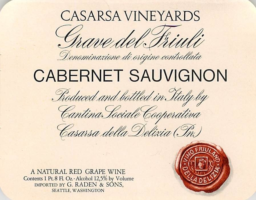Casarsa Cabernet Sauvignon Cantina Sociale Italy 1970s 1980s Vintage Wine Label