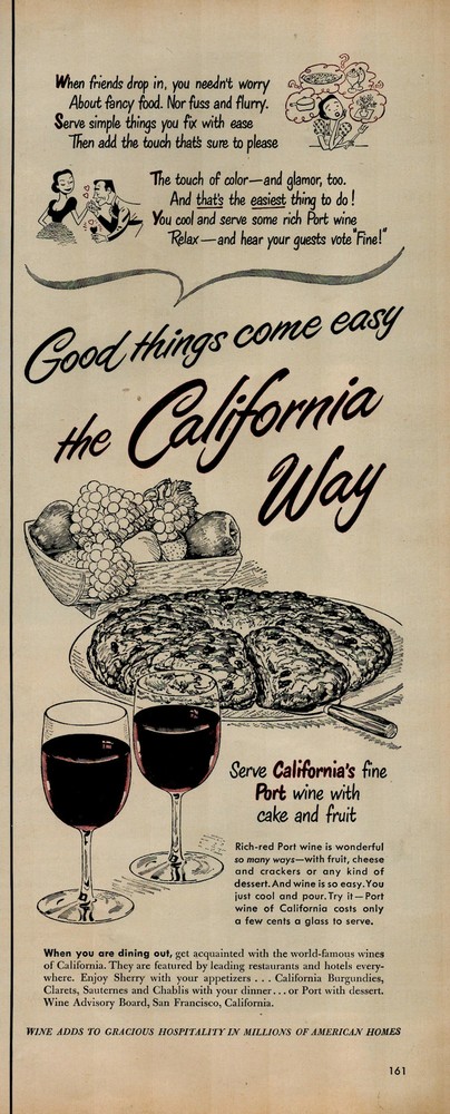 1952 The California Way Red Wine Grapes Cake and Fruit Vintage Print Ad 3377