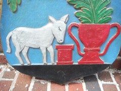 VINTAGE BODENHEIM A/RHEIN GERMANY, LARGE HEAVILY CARVED WOOD CITY SEAL SIGN.