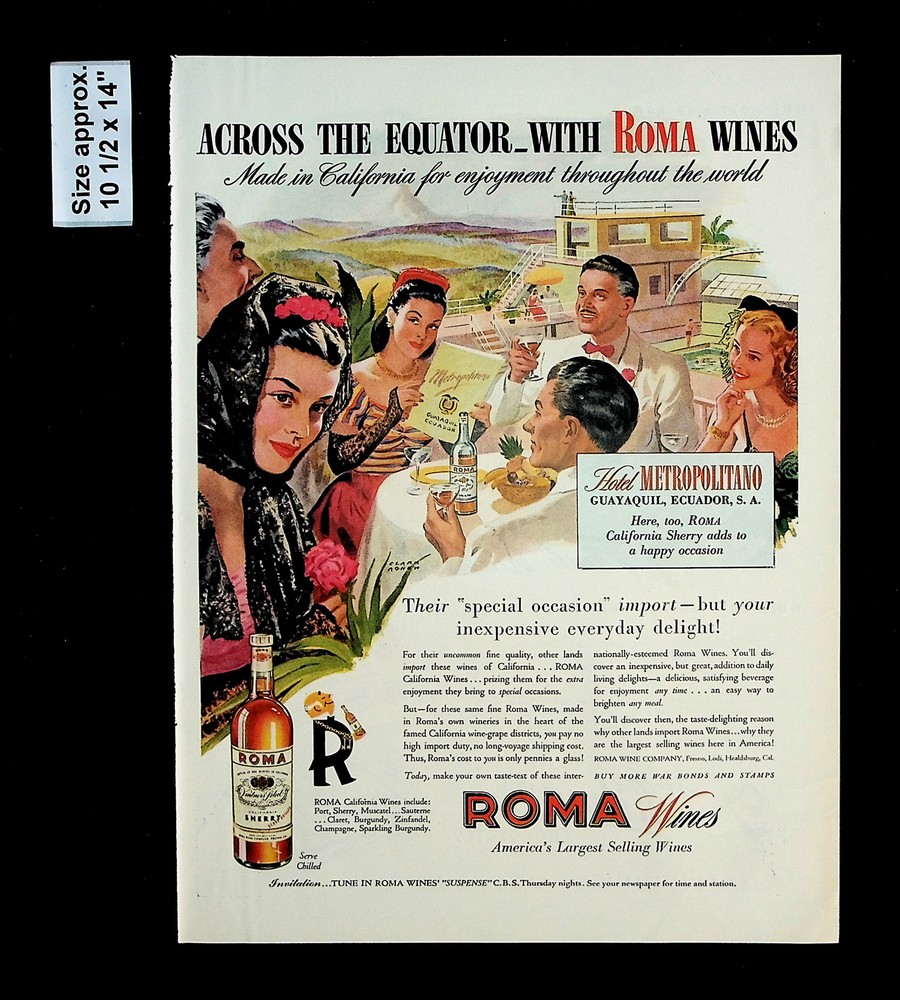 1944 Roma Wines Vintner&rsquo;s Select Across Equator Ecuador Vintage Print Ad 35683
