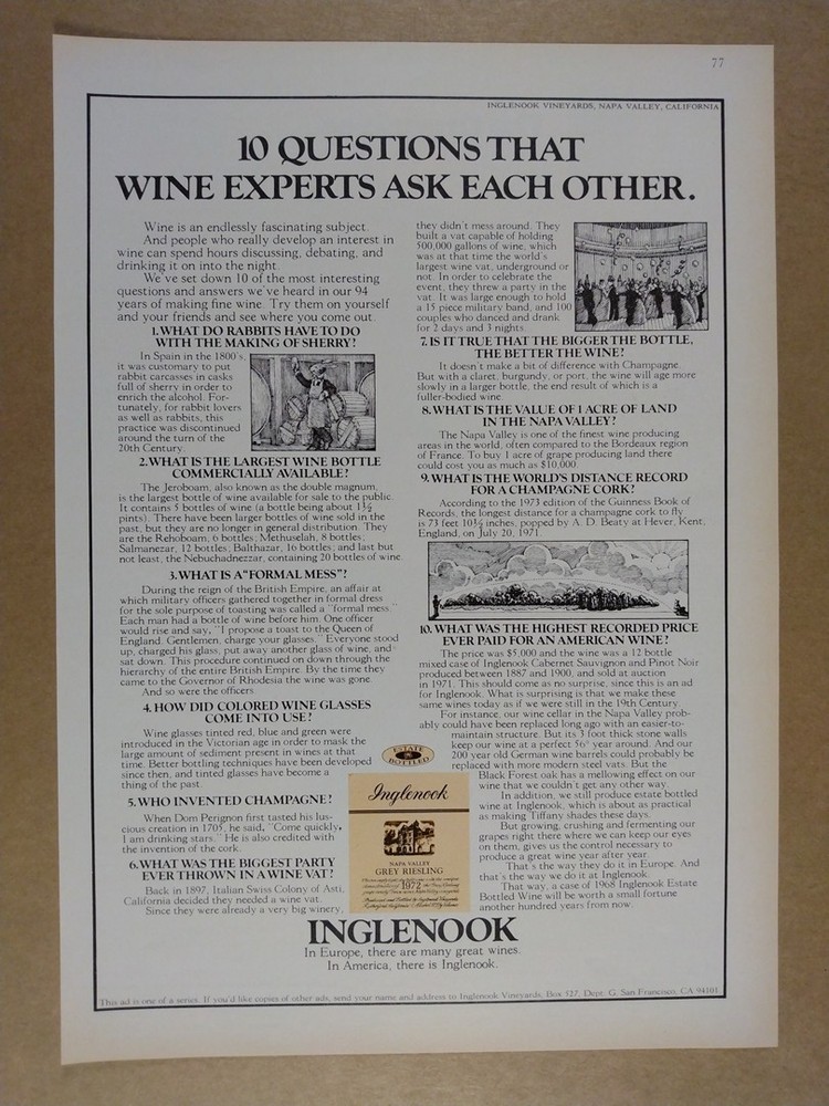 1974 Inglenook Wine &rsquo;10 Questions Wine Experts Ask&rsquo; vintage print Ad