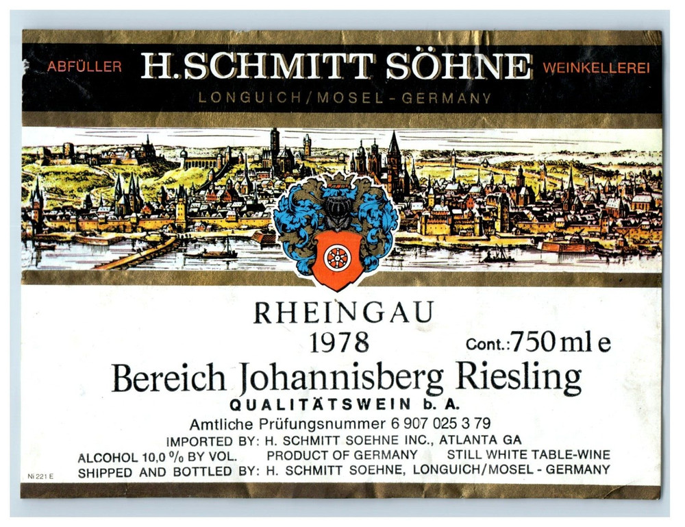 1970&rsquo;s-80&rsquo;s H. Schmitt Sohne Bereich Riesling German Wine Label Original S47E