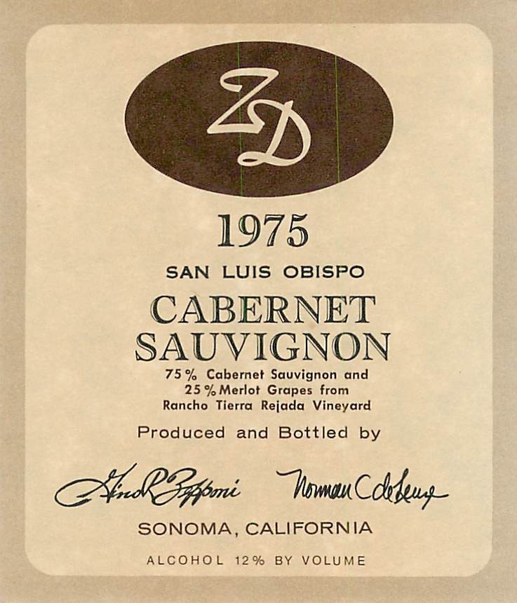 ZD Cabernet Sauvignon San Luis Obispo Sonoma CA 1970s 1975 Vtg Wine Label