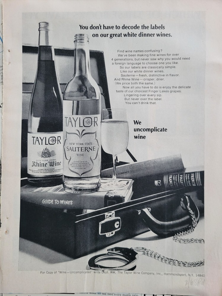 1968 Taylor white dinner Rhine and Sauterne wine bottles vintage Ad