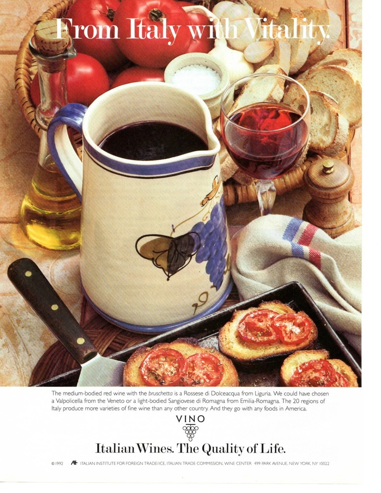 1992 Italian Wines Magazine Ad Wall Art Poster Pitcher of Wine, Bruschetta 1990s