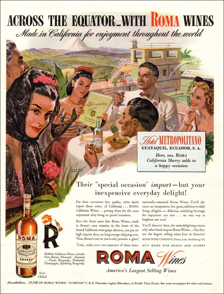 1944 WW 2 beverage AD ROMA California Wines Hotel Metropolitano Ecuador 061222