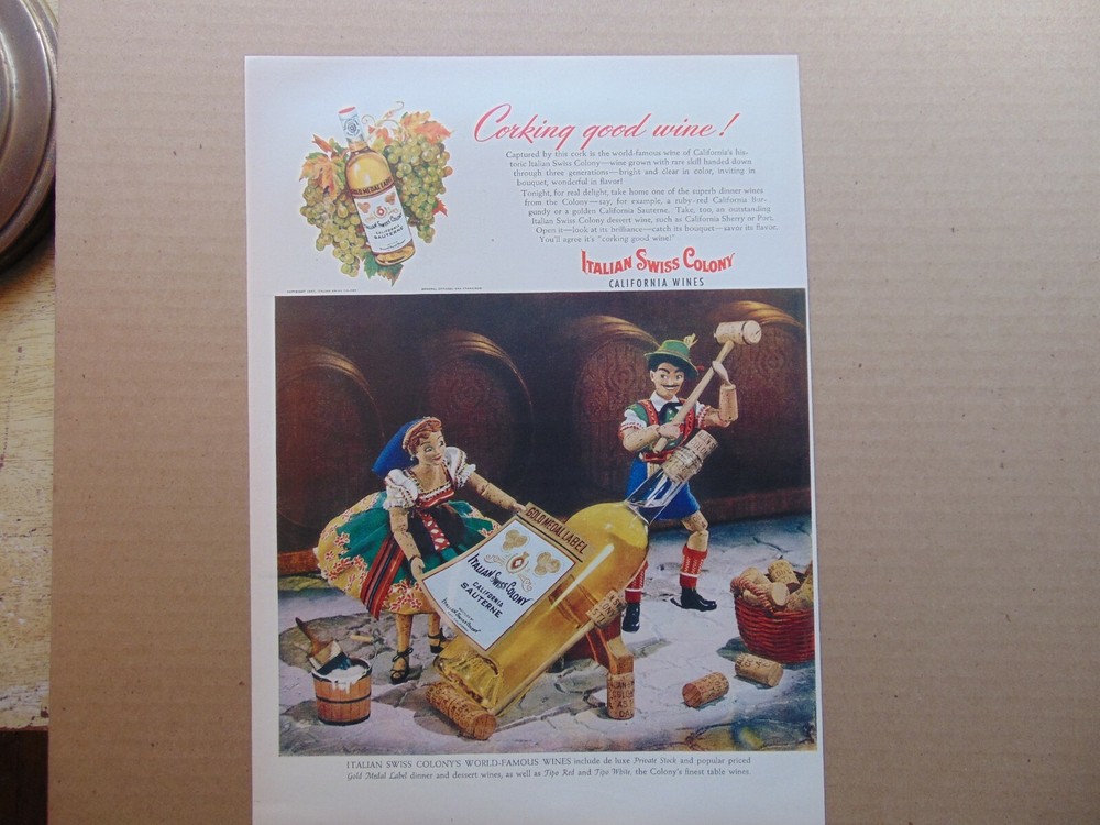 1947 ITALIAN SWISS COLONY WINE CORK PUPPET WORKERS vintage print ad