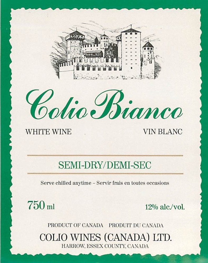 Colio Wines Bianco Harrow Essex Country Canada 1970s 1980s Vtg Wine Label