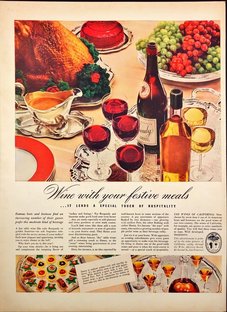 1939 California Wines Holiday Parties Sherry Port Burgundy Vintage Print Ad