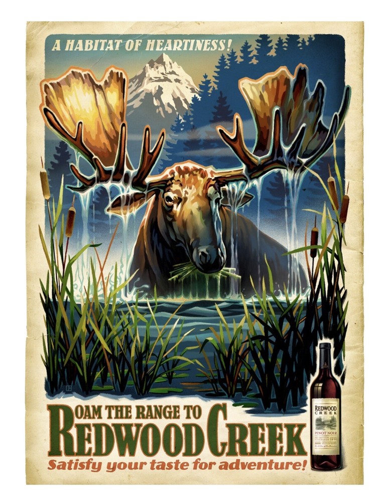 Redwood Creek WINE POSTER Art Advertising 18×24*Lg Bull Moose *Mountain Range
