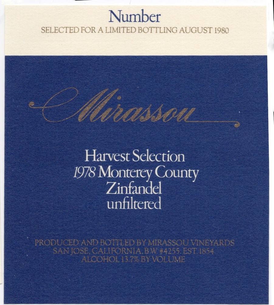 Mirassou Vineyards Zinfandel Wine Label UNUSED NEW Vintage 1978