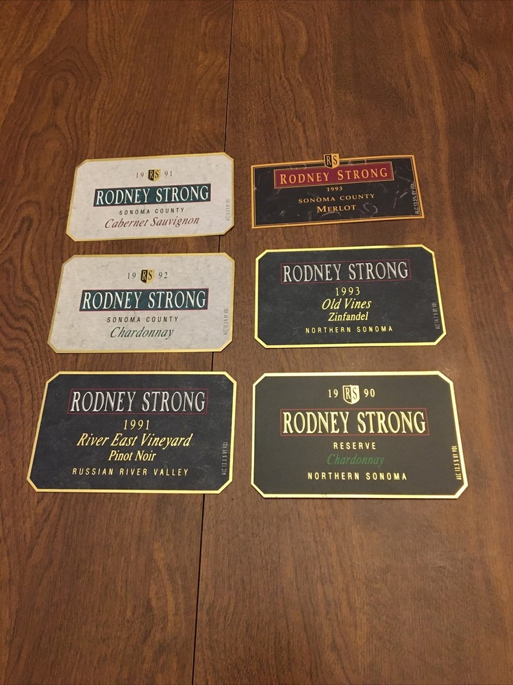Huge Lot 6 Rare Vintage Rodney Strong Wine Labels 1990-1993: Merlot, Chardonnay+
