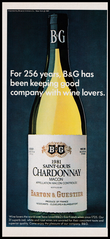 Barton & Guestier Chardonnay wine 1-pg print ad 1982 – lg bottle