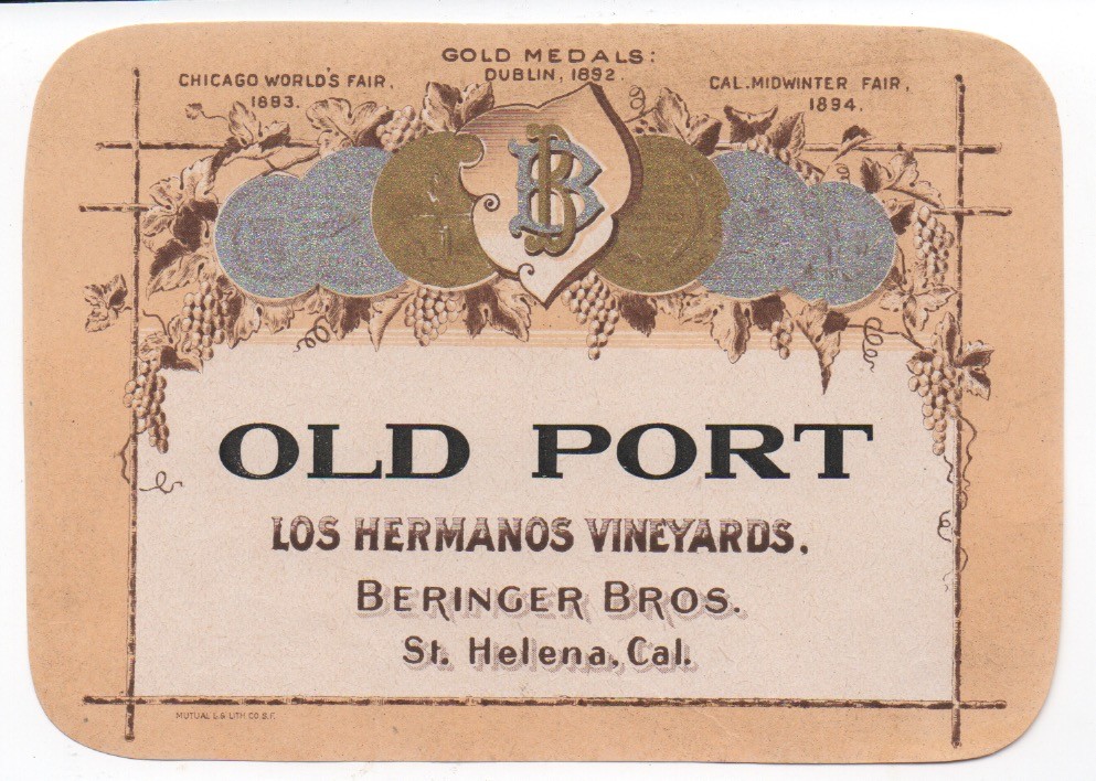 1890s Old Port Wine Label Beringer Bros Los Hermanos Vineyard St Helena CA