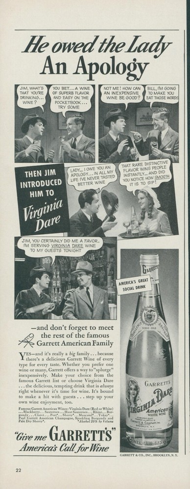 1941 Virginia Dare Garrett&rsquo;s American White Wine Apology Vintage Print Ad L5