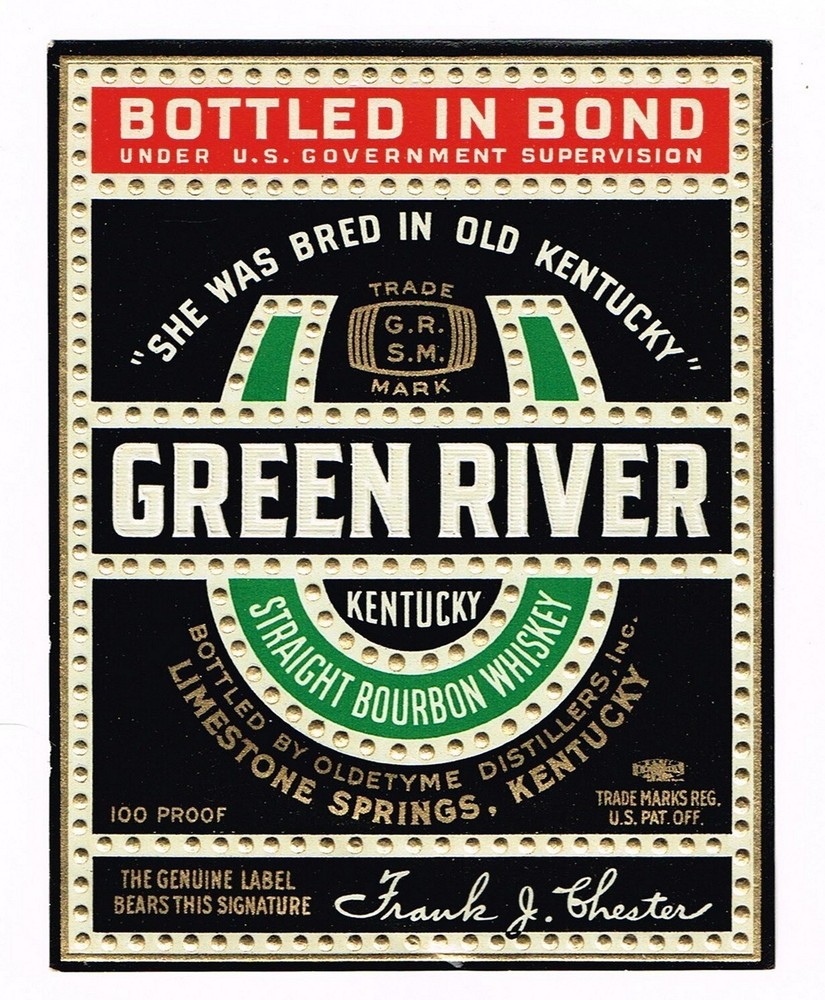 1940 WHISKEY BOTTLE LABEL GREEN RIVER LIMESTONE SPRINGS KENTUCKY BOTTLED IN BOND