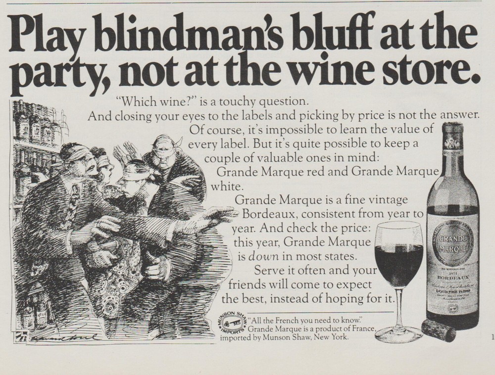 1977 Grande Marque Wine – « Play Blindman&rsquo;s Bluff At Party »- Print Ad Cartoon Art