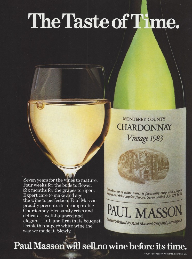 1984 Paul Masson Chardonnay Wine The Taste Of Time vtg Print AD Advertisement