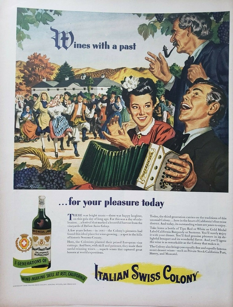 Vintage 1944 Italian Swiss Colony Wine Print Ad Ephemera Wall Art by Haines Hall