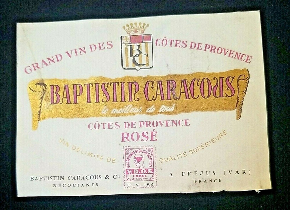 VNTG WINE LABEL 1960 BAPTISTIN CARACOUS Grand vin des Côtes de Provence ROSE