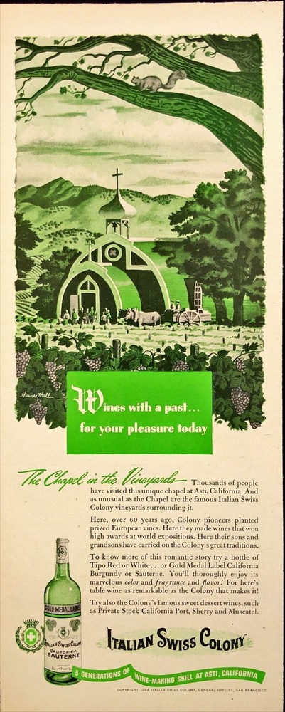 1944 Italian Swiss Colony Wine Chapel In Asti California Vintage Print Ad
