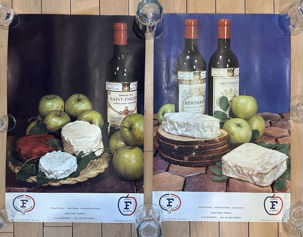 Vintage 1970’s Wine & Cheese Posters Pomme De France Haut Medoc Wine Camembet