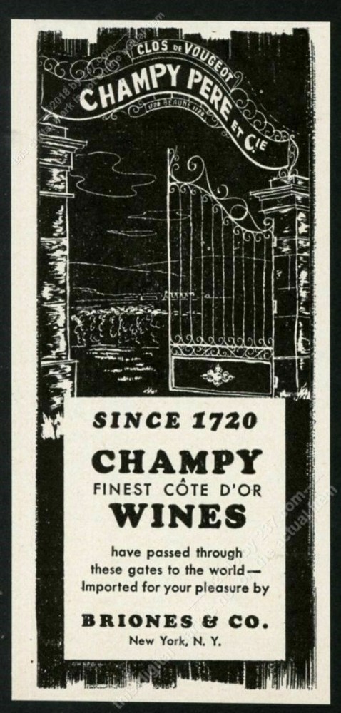 1951 Clos de Vougeot Champy Pere wine vineyard gate art vintage print ad