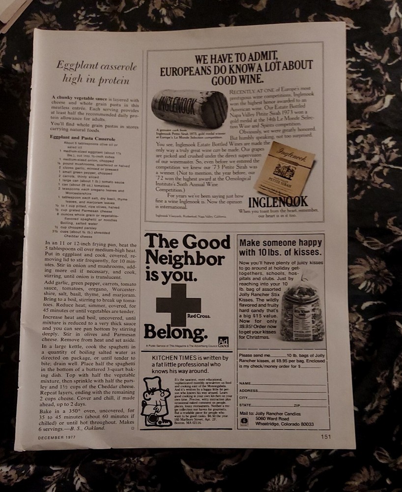 1977 print ad-Inglenook won highest honor American wine-Estate Pinot Sirah 1973