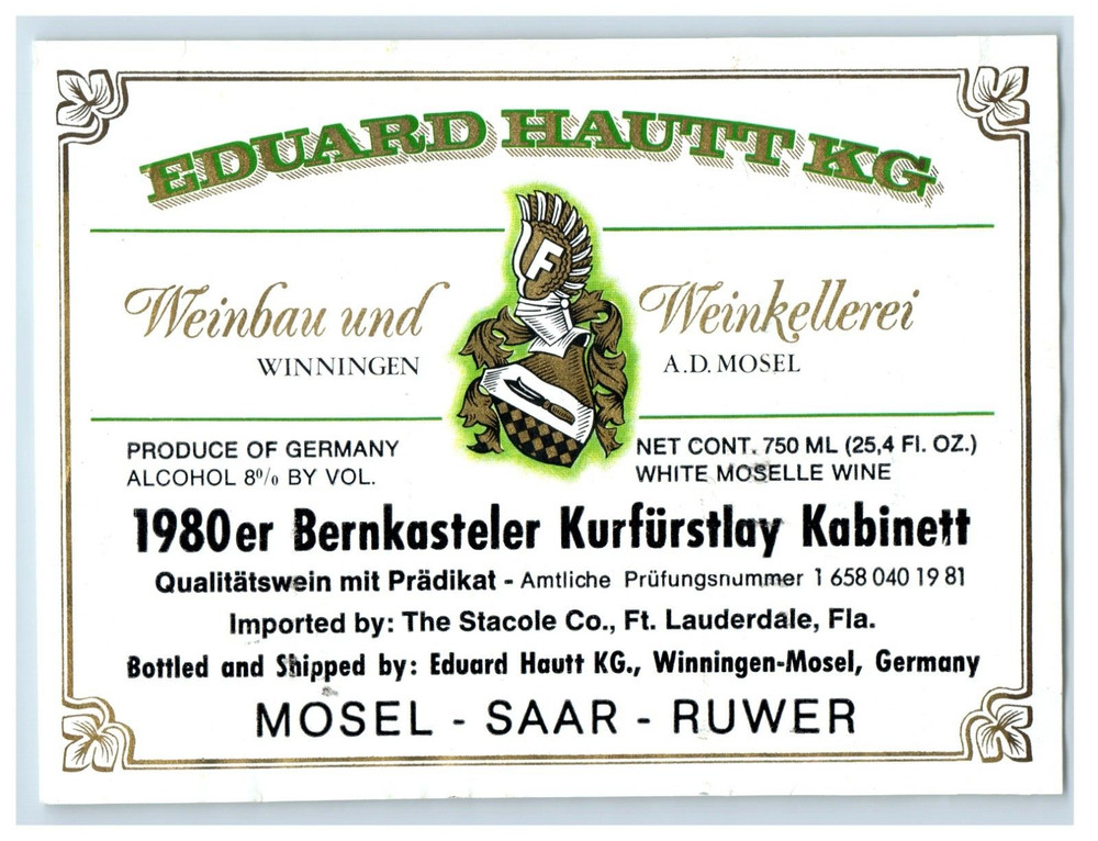 1960&rsquo;s-80&rsquo;s Eduard Hautt KG Bernkastler Kurfurstarly German Wine Label S73E