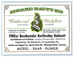 1960&rsquo;s-80&rsquo;s Eduard Hautt KG Bernkastler Kurfurstarly German Wine Label S73E
