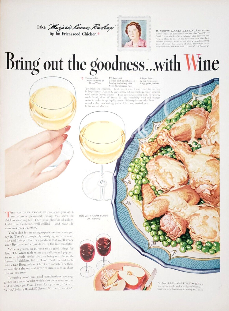 PRINT AD Wine Advisory Board 1945 Food Pairings Fricasseed Chicken Recipe