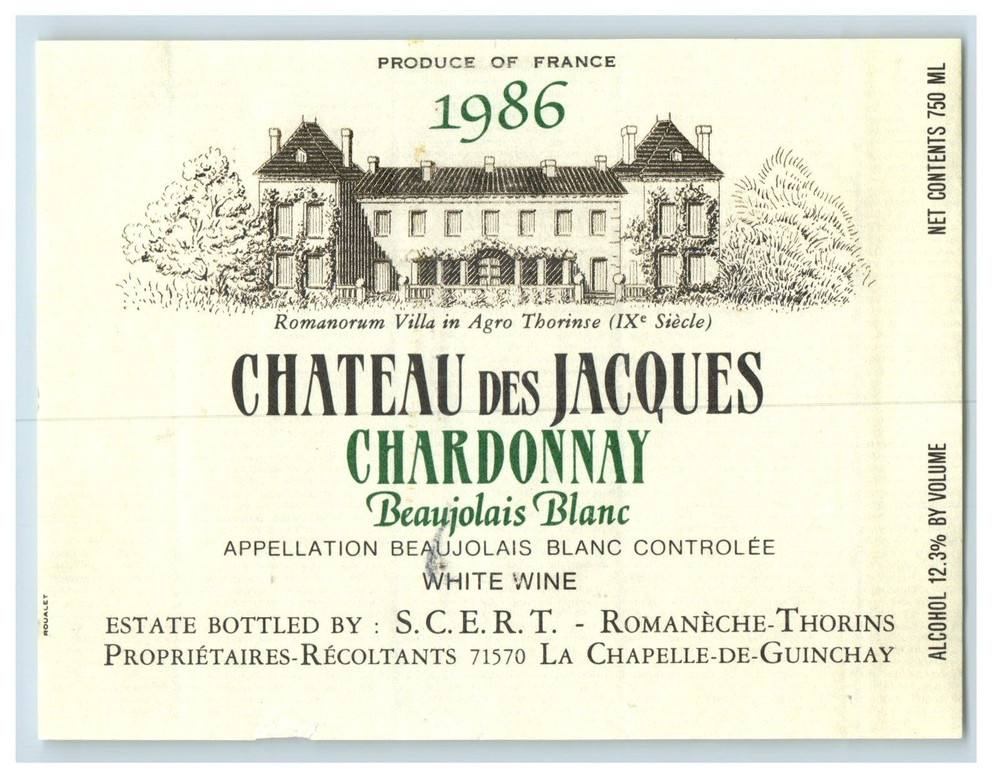 Vintage Chateau Des Jacques Chardonnay Beaujolais Paper Wine Label Original S84E