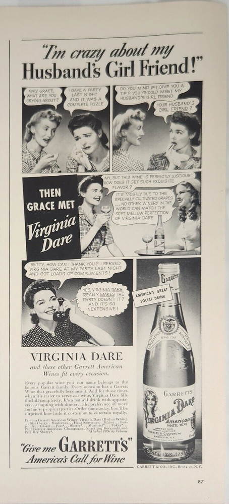 1941 Garretts Virginia Dare American White Wine Vintage Ad Im crazy about my