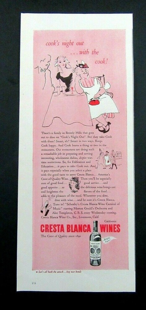 1944 CRESTA BLANCA WINES Magazine Ad – Cook&rsquo;s Night Out With The Cook!