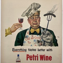 1949 Petri Wine Print Ad Everything Tastes Better Cook Burned BBQ Alcohol Bar