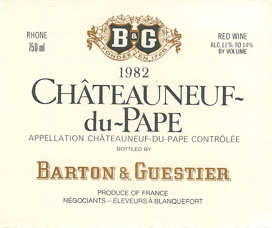 Barton & Guestier Chateauneuf du Pape France 1982 1980s Vtg Wine Label