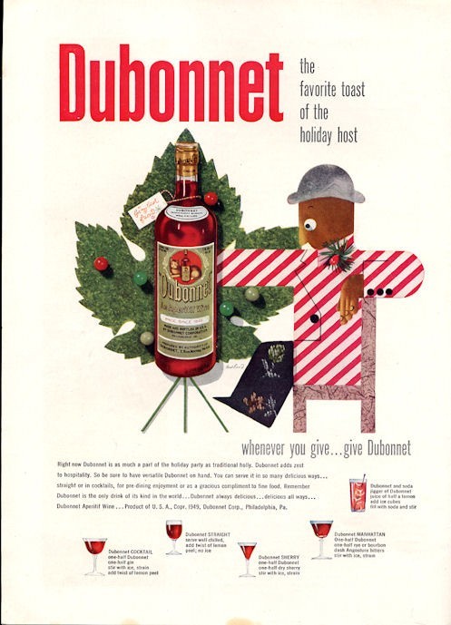 1949 Dubonnet PRINT AD image of bottle holiday motif