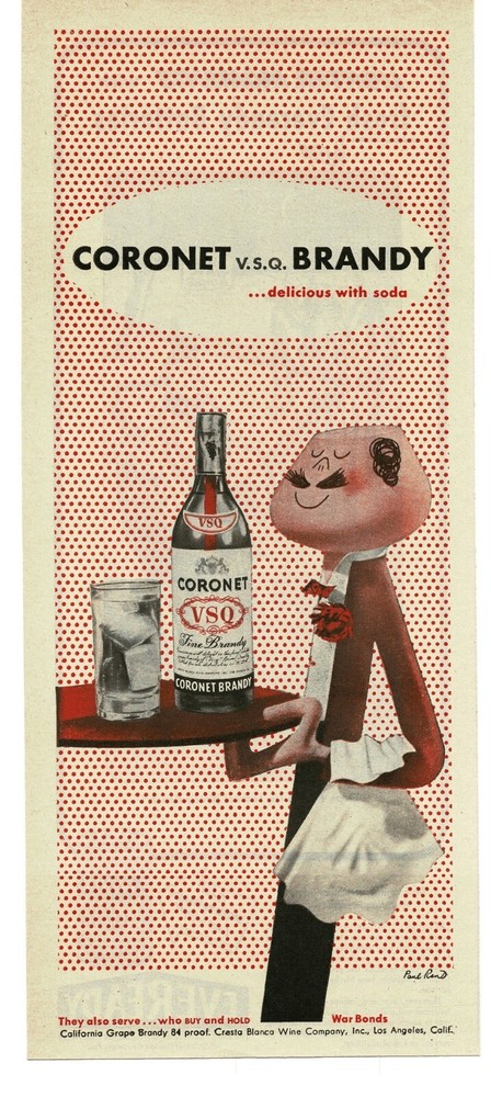 1945 Coronet VSQ Fine Brandy WWII Buy War Bonds Vintage Print Ad 2