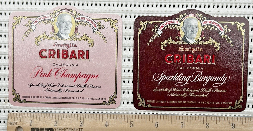 2 New Famiglia Cribari California Wine Labels Pink Champagne Sparkling Burgundy