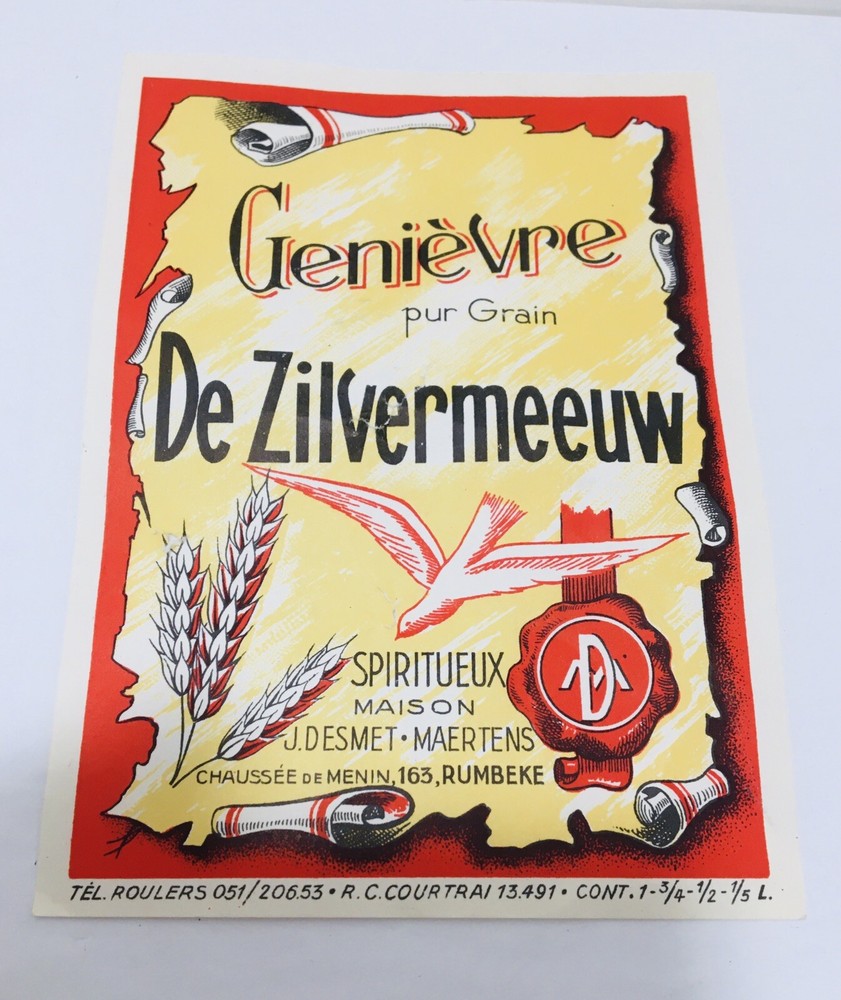 Early 1920&rsquo;s Genievre Pur Grain De Zilvermeeuw Spiritueux Advert Paper Label