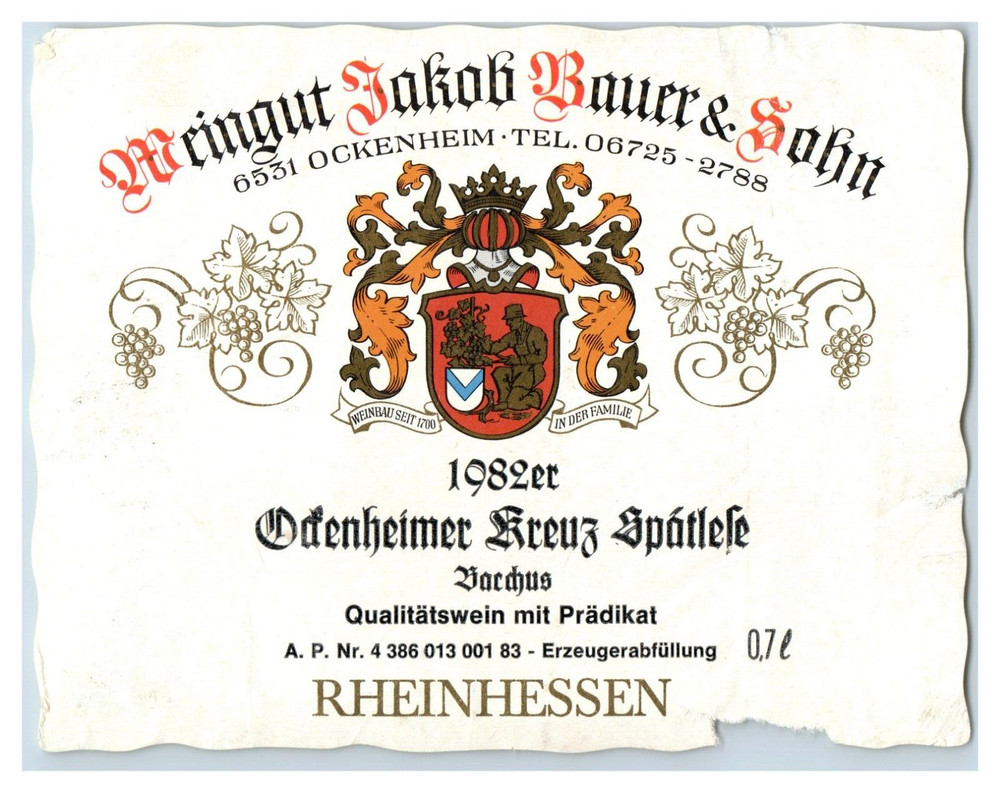 1982 Weingut Jakob Bauer & Sohn Odenheimer Kreuz German Wine Label Original S9