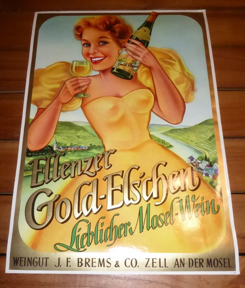 ORIGINAL VINTAGE ADVERTISING SIGN POSTER 1930S ZELL GERMANY WINE GOLD-ELSCHEN